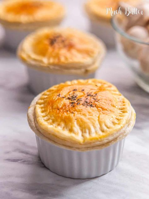 Chicken Pot Pie covered in puff pastry filled with minced chicken, sliced onions, mushrooms, and sliced mixed vegetables. Mini Beef Pot Pies, Chicken Mushroom Stir Fry, Individual Chicken Pot Pies, Mini Pot Pies, Creamy Chicken Pot Pie, Minced Chicken, Beef Pot Pies, Chicken Pot Pies, Mini Chicken Pot Pies