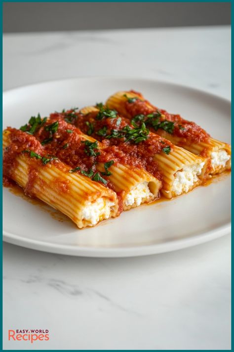 Manicotti, a classic Italian-American dish, is a comforting, cheese-stuffed pasta baked to perfection with rich tomato sauce and gooey mozzarella. This baked manicotti recipe is filled with a creamy ricotta, mozzarella, and Parmesan mixture, making it an ideal dish for family dinners and special gatherings. Baked Manicotti Recipe, German Black Forest Cake, Italian Ricotta Cheesecake, German Appetizers, Baked Manicotti, Manicotti Pasta, Italian Main Dishes, German Black Forest, Black Forest Cake Recipe