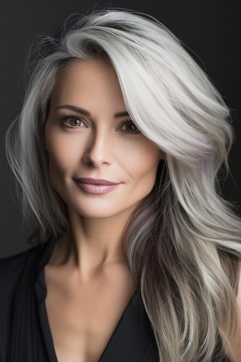 If you’re going for a mature, distinguished look, platinum streaks for the silver fox are a top choice. Introduce icy platinum highlights to gray or silver hair to add extra brilliance and youthfulness. Click here to check out more gorgeous hair highlight ideas for every base shade. Grey Hair With Streaks Of Color, Light Brown Hair With Silver Highlights Platinum Blonde, Color For White Hair For Women, Gray Streaked Hair, Grey Hair And Highlights, Platinum Vs Silver Hair, Gray Hair With Platinum Highlights, Gray Hair With Blonde Highlights Over 50, White Hair Styling