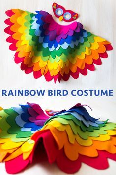 Bright and bold rainbow bird costume for kids. Animal costume for imaginative play for toddlers and older children. #halloween #costume #bird #animal #rainbow #accessory #kids #children #toy #pretend #play #nursery #clothes #cosplay #theatre #school Diy Animal Costume For Kids, Kids Bird Costume, Bird Costume Kids, Colourful Halloween, Wing Cape, Costume Dinosaure, Halloween Infantil, Animal Dress Up, Theatre School