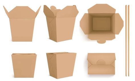 Free Vector | Brown wok box and chopsticks, craft paper packaging for chinese food, noodle or rice. realistic of closed and open takeaway boxes in front and top view and bamboo sticks Ramen Box Packaging, Rice Box Ideas, Rice Box Packaging, Craft Paper Packaging, Asian Fast Food, Chopsticks Crafts, Chinese Noodle Recipes, Packaging Die Cut, Pasta Box