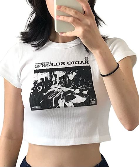 Meladyan Women Vintage Graphic Print Crop T-Shirt Top Gothic Grunge Fairy Short Sleeve Crewneck 90s Aesthetic Tee Classic White at Amazon Women’s Clothing store