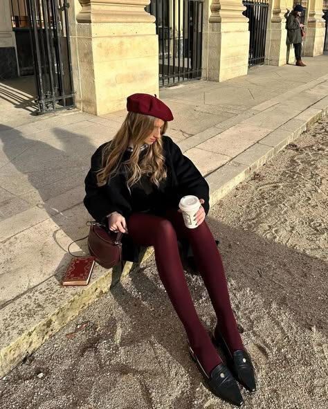 Stockings Outfit Winter, Burgundy Bag Outfit, Red Stockings Outfit, Feminine Work Outfit, Pantyhose Outfit Winter, Vintage Tights, Red Pantyhose, Burgundy Tights, Maroon Outfit