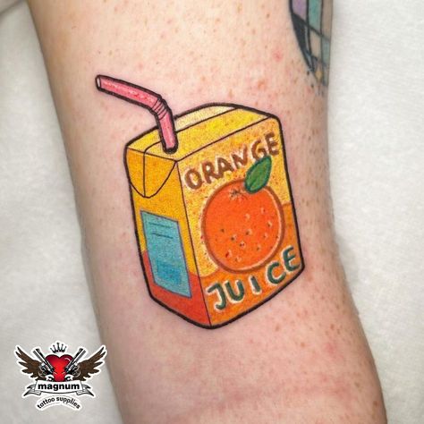 Orange Soda Tattoo, Orange Juice Box Tattoo, Juicebox Tattoo, Orange Juice Tattoo, Juice Box Tattoo, Box Tattoo, Juice Tattoo, Tattoo Reference, Juice Box