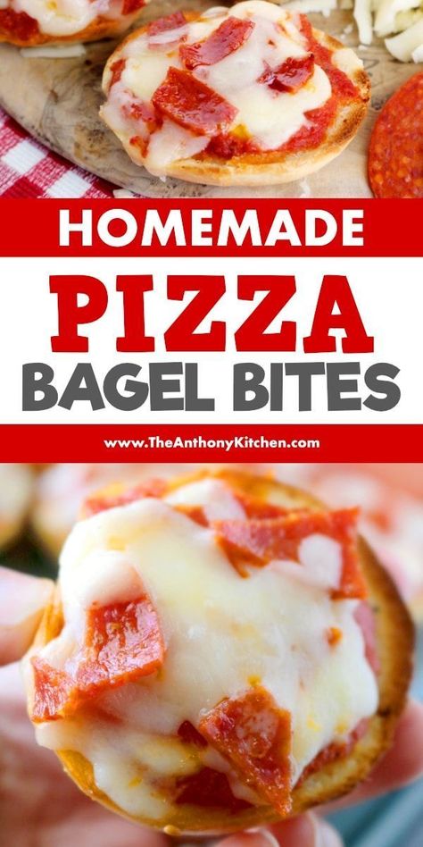 Make these homemade pizza bagel bites for the best game day snacks or for a kid-friendly dinner! They're freezer friendly and make ahead! Featuring mini bagels, pizza sauce, cheese and pepperoni! #gameday #footballfood #bagelbites #gamedaysnacks #appetizer Pizza Bagel Bites, Mini Bagel Pizza, Bagel Bites Recipe, Homemade Frozen Pizza, Resep Makanan Beku, Pizza Bagel, Toaster Oven Recipes, Mini Bagels, Bagel Bites