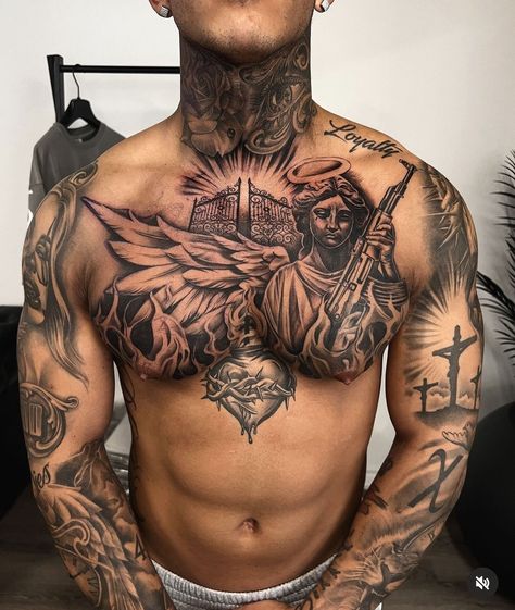 Hindu Chest Tattoo Men, Chest Text Tattoo Men, Chest Patchwork Tattoo, Men’s Word Chest Tattoo, Unique Chest Tattoo Men, Angel Chest Tattoo, Sternum Tattoo Men, Chest Tattoo Man, Full Chest Tattoo Men