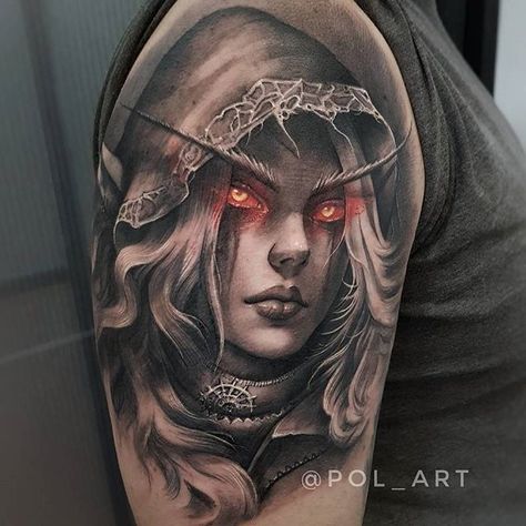 Sylvanas Windrunner Tattoo, Horde Tattoo, Dota Tattoo, Gas Mask Tattoo, Sylvanas Windrunner, Gamer Tattoos, Hyper Realistic Tattoo, Annecy France, Joker Tattoo