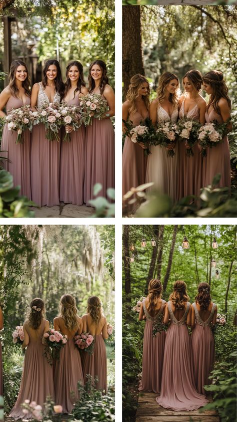 Bridesmaids wearing dusty rose dresses stand in a lush outdoor setting, their elegant gowns complementing the greenery around them and enhancing the wedding's romantic, cohesive aesthetic. Dusty Rose Bridesmaids Dress, Dusty Rose Maid Of Honor Dress, October Wedding Dusty Rose, June Wedding Colors Bridesmaid Dress, Bridesmaid Dress Color Ideas, Dark Pink Bridesmaid Dresses, Outdoor Wedding Bridesmaid Dresses, Dusty Mauve Wedding, Bridesmaid Dresses Dusty Rose