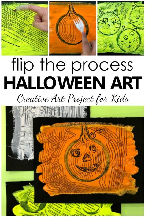 Flip the painting process with this fun Halloween art project for kids. Experiment with removing paint as part of this Halloween process art activity. #halloween #kidart #artprojectsforkids #kidscrafts #preschool #kindergarten Halloween Process Art, Owls Preschool, Halloween Art For Kids, Fall Leaf Art Projects, Process Art Preschool, Afternoon Activities, Halloween Lesson Plans, Steam Kids, Removing Paint