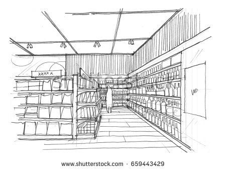 hand sketch perspective view of supermarket Library Room Drawing Sketch, Supermarket Drawing, Shopping Sketch, Library Sketch, Store Sketch, Sketch Perspective, Library Drawing, Book Bin, Perspective View