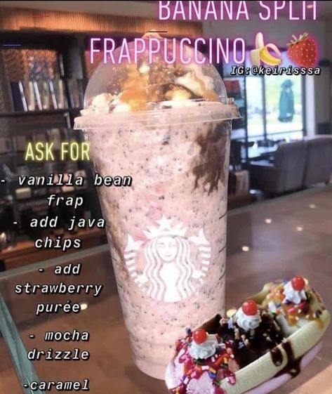 Starbucks Banana, Resep Starbuck, Starbucks Drink Menu, Starbucks Secret Menu Recipes, Cold Starbucks Drinks, Starbucks Drinks Diy, Secret Starbucks Recipes, Coffee Recipes Starbucks, Iced Starbucks Drinks