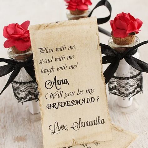 Embrace the dark romance with this Red & Black Wedding Bridesmaid Proposal Gift. Perfect for Gothic enthusiasts, this unique 'Be my Bridesmaid' message in a bottle is an alluring way to ask your Maid of Honor and bridesmaids. Gothic favors for a wedding with an edge.
Ideal bridesmaid, maid of honor or matron of honor proposal invitations for your gothic wedding.
Will you be my bridesmaid message in a bottle in a cute bridesmaid origami gift box! Dark Bridesmaid Proposal, Coven Bridesmaid Proposal, Goth Bridesmaid Proposal, Gothic Bridesmaid Proposal, Black Wedding Bridesmaid, Gothic Maid Of Honor Proposal, Ask Maid Of Honor, Bridesmaid Message, Red Black Wedding