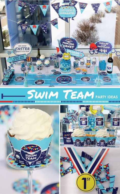 Swim Team Party Supplies - Swim Banquet Centerpiece Ideas and Swimming Decorations - BigDotOfHappiness.com Swim Themed Party, Swimming Decorations Ideas, Swim Team Party Ideas, Swim Team Dinner Ideas, Swimming Themed Birthday Party, Swim Team Party Decorations, Swim Banquet Centerpieces, Swim Team Banquet Ideas, Swim Banquet Ideas