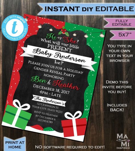 Present Template, Books For Baby Shower, Chalkboard Template, Invitation Inserts, Christmas Gender Reveal, Baby In Snow, Gender Reveals, Christmas Baby Shower, Diaper Raffle Tickets