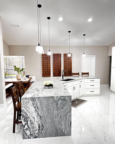 Timeless Stone (Connecticut) - Real Project using "Silver Cloud" Granite Quartzite Countertops Bathroom, Silver Cloud Granite, Marble Veins, High Contrast Black And White, Stone Countertops Kitchen, Laundry Room Countertop, Modern Luxury Design, Depth Effect, White Shaker Cabinets