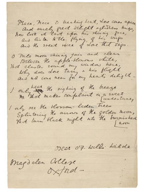 Oscar Wilde manuscript from 1874 "Hearts Yearning" German Chocolate Frosting, Manuscript Handwriting, Magdalen College, Dark Academic, Christina Rossetti, German Chocolate Cake, S Heart, German Chocolate, Handwritten Letters