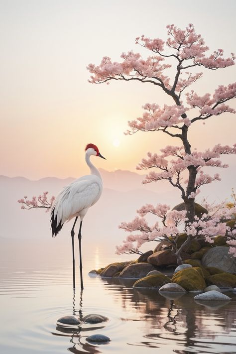 Japanese Crane Photography, Asian Crane Art, Mothers Day Paintings, Miyamoto Musashi Art, Asian Birds, Zen Wallpaper, Japanese Cranes, Sakura Blossoms, Sandhill Cranes