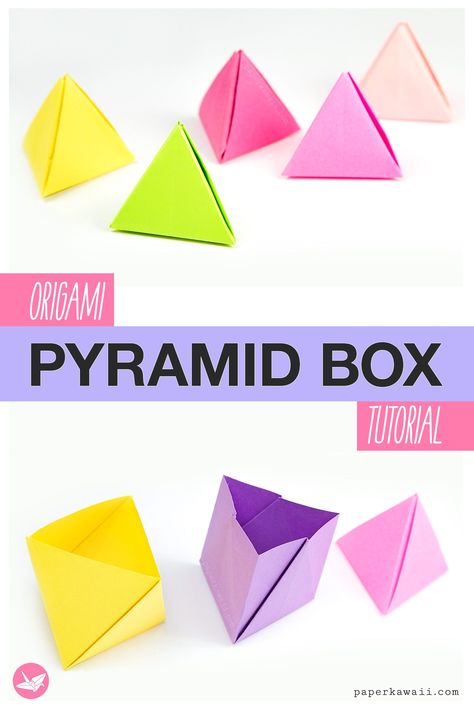 origami-pyramid-box-tutorial-paper-kawaii-pin Origami Pyramid Tutorial, Origami Instructions Step By Step, Origami Pyramid, Origami Triangle, Paper Kawaii, Pyramid Box, Anime Diy, Paper Craft Tools, Pot Decoration