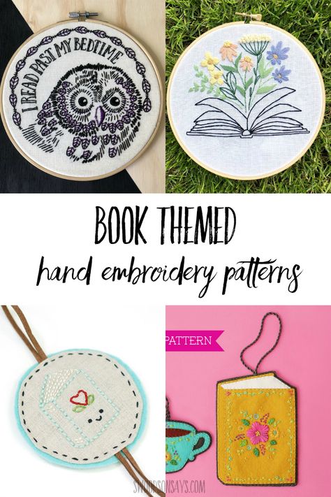 Hand embroidery patterns for book lovers; this is a curated list of embroidery designs for people who love to read. Embroidery Book Pattern Free Printable, Book Embroidery Pattern Free, Reading Embroidery Pattern, Embroidery Doodles Stitches, Sewing Embroidery Designs Free Pattern, Books Embroidery Pattern, Whimsical Embroidery Patterns, Nerdy Embroidery Patterns, Bookish Embroidery Patterns