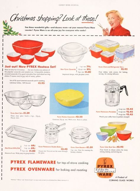 Christmas Pyrex, Folk Kitchen, Vintage Christmas Ads, Popular Casseroles, Russell Wright, Pyrex Vintage Rare, Christmas Ads, Pyrex Dishes, Mcm Kitchen