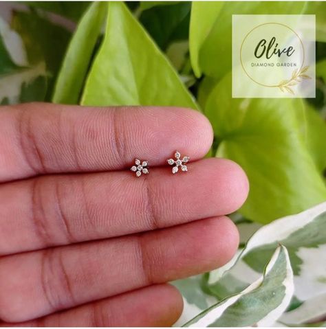 Gold Studs Earrings Indian Small Diamond, Diamond Second Stud Earrings, Second Stud Earrings Indian, Second Stud Earrings, Second Stud, Diamond Nosepin, Pretty Gold Necklaces, Diamond Flower Earrings, Gold Earrings For Kids