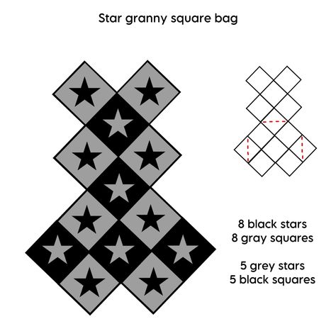 Star Crochet Bag Granny Square, Free Star Granny Square Pattern, Crochet Sack Bag, Crochet Star Granny Square Pattern, Crochet Star Square Pattern, Emo Crochet Bag, Star Tapestry Crochet, Star Bag Crochet Pattern Free, How To Crochet A Star Granny Square