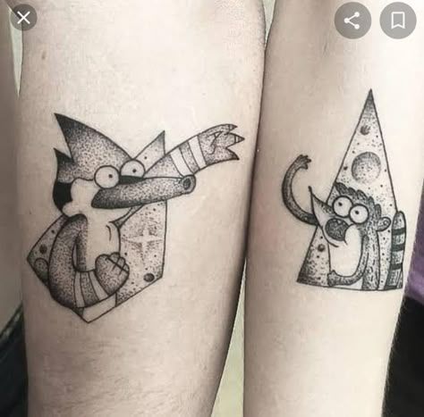 Matching Tattoos Group Of 4, Mordecai And Rigby Tattoo Ideas, Guy Best Friend Tattoos Matching, The Regular Show Tattoo, Male Matching Tattoos, Matching Guy Tattoos, Matching Gaming Tattoos, Matching Tattoos For Best Friends Men, Regular Show Tattoo Ideas