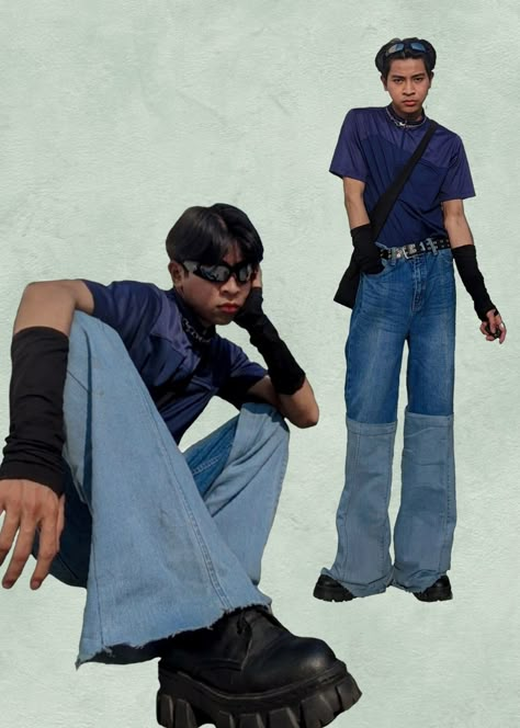 Y2k Fits For Men, Blue Y2k Outfit Men, Y2k Style Men Street Styles, Y2k Photoshoot Ideas Men, Y2k Photoshoot Men, Euphoria Character Outfits, Men Y2k Outfits, Y2k Men Aesthetic, Y2k Poses Men