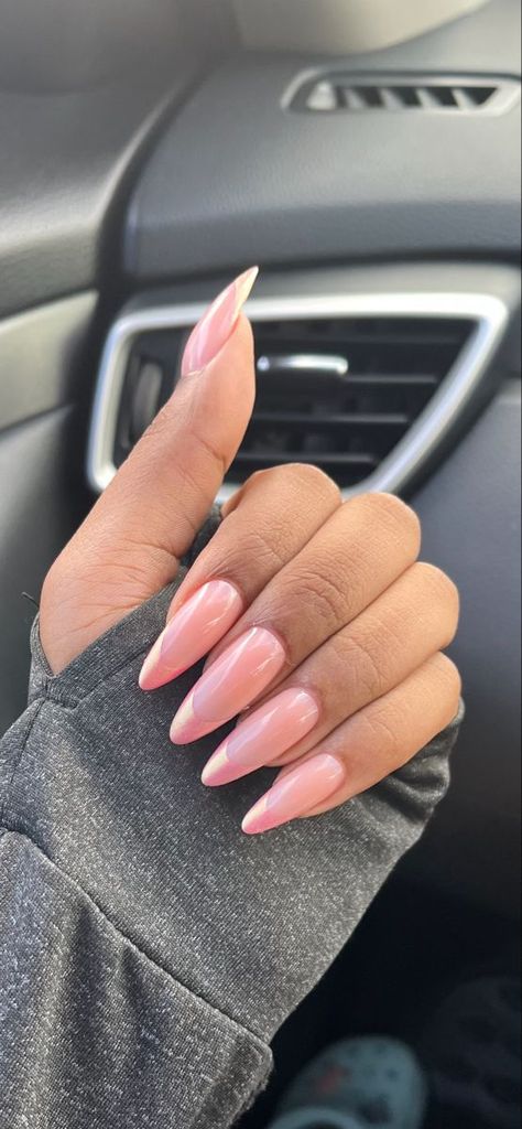 Simple Nails Heart, Pink Chrome Nails French Tip, Pink Chrome French Tip, Pink Chrome French, Summer Nails 2023 Gel, Tip Almond Nails, French Tip Almond Nails, Nails 2023 Gel, Nail Hacks Diy