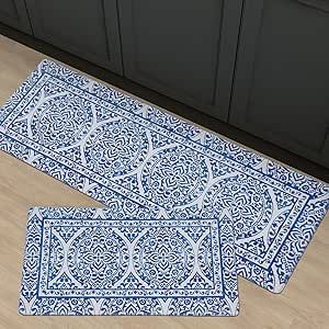 FRESHMINT 2 Piece Set Boho Kitchen Mats for Floor Bohemian Distressed Anti Fatigue Kitchen Rugs Vintage Farmhouse Cushioned Kitchen Runners for Standing Waterproof & Non-Skid Comfort, Sea Blue Small Farmhouse Kitchen Mats, Kitchen Mats Boho, Coastal Modern Kitchen Mats, Modern Blue Kitchen Mats, Kitchen Runners, Anti Fatigue Kitchen Mats, Blue Kitchen Decor, Navy Kitchen, Beach Theme Bathroom Mats & Rugs