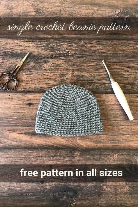 Single Crochet Beanie, Basic Crochet Hat, Crochet Beanie Hat Free Pattern, Beanie Pattern Free, Easy Crochet Hat Patterns, Crochet Beanie Pattern Free, Crochet Hat For Beginners, Grey Crochet, Beanie Hat Pattern