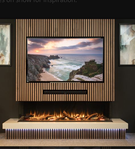 Media Wall Fireplace Modern, Built In Wall Electric Fireplace, Modern Tv Room With Fireplace, Media Unit Fireplace, Tv Media Wall Panelling, Led Media Wall, Media Wall With Electric Fire, Living Room Media Wall Ideas With Fireplace, Electric Fire Media Wall