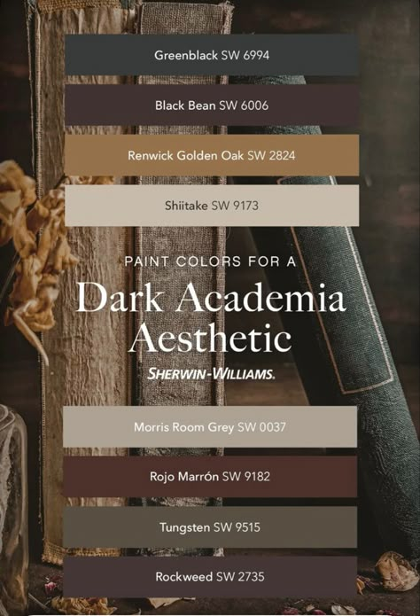 Dark Academia Colors, Zyla Palette, Dark Academia Color Palette, Dark Academia Painting, Dark Academia Color, Paint Color Swatches, Dark Academy, Bathroom Color Schemes, House Color Palettes