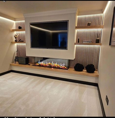 Media Wall With Lights, Media Wall With Wood Slats, Media Wall Wood Panel, Media Wall No Fire, Painted Media Wall, Tv Unit Wooden Design, Modern Media Wall With Fireplace And Tv, Media Wall With Panelling, Small Lounge Room Ideas Cosy