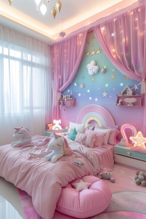 Girly Bedroom Inspirations, Kids Unicorn Room, Princess Themed Bedroom, Pink Bedroom Ideas For Kids, Unicorn Bedroom Ideas, Girl Bedroom Designs For Kids, Unicorn Themed Bedroom, Bedroom Unicorn, Unicorn House