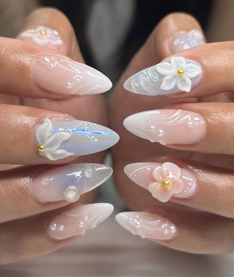 Nails For Dubai, Blue Vacation Nails, Vacation Nails Almond Shape, Nails Festival, Island Nails, Shell Nails, Nails Vacation, Summer Acrylic, Nails 3d