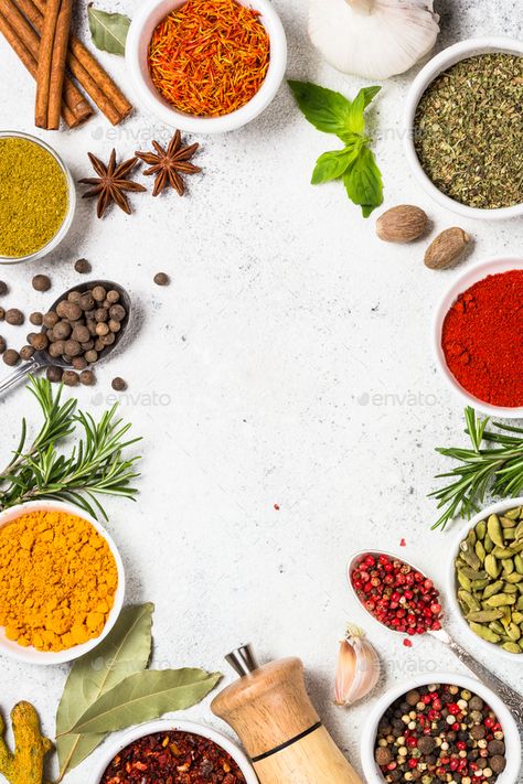 Herbs And Spices Photography, Spices Stickers, Spice Background, Spices Design, White Stone Table, Herb Photography, Spice Image, Spice Design, Spices Photography