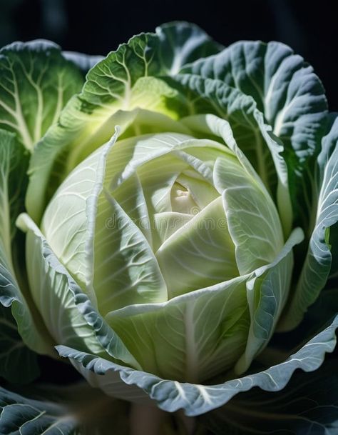 A detailed close-up of a fresh white green cabbage shows the intricate patterns of its leaves, veined textures, and the stock images Cabbage Texture, Cabbage Aesthetic, Pallet Inspiration, Cabbage Leaves, Green Cabbage, Intricate Patterns, White Green, Industrial Design, Perennials