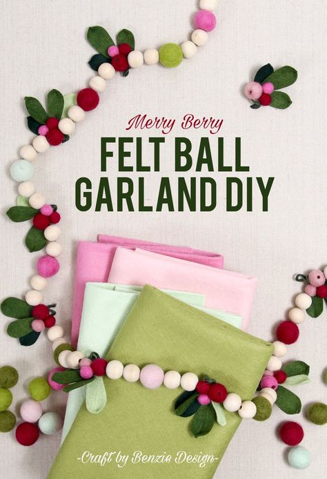 Felt ball garlands are so easy to make -and a great way to add cheer to any holiday! In this specific garland we mix in some berry sprigs and wood beads (20mm) to make a festive christmas garland.  Let's get started on the cranberry sprigs -first grab your supplies:-Wool felt in Evergreen, Meadow and Pistachio (also av Felt Garlands Christmas, How To Make Felt Ball Garland, Wool Garland Diy, Easy Felt Garland Diy, Felt Ball Christmas Garland, Felted Wool Garland, Sewing Christmas Garland, Felt Christmas Garland Ideas, Winter Felt Garland