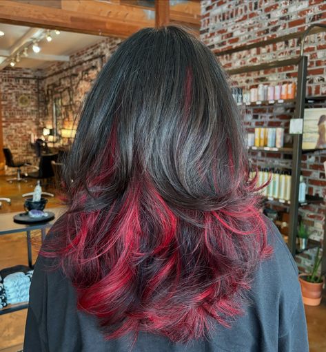 Chunky red peekaboo highlights w/ cut. ⛓️DM OR CLICK THE LINK IN BIO TO BOOK⛓️ . . . . . #althairstylist #althair #redhighlights #peekaboohair #curtainbangs #90sblowout #creativecolorspecialist #vividhaircolor #vividhairstylist #dangerjonescreative #pravanavivids #hairtok #shaghaircut #916hairstylist #sacramentotiktok #independenthairstylist #transformationhaircut #amandapadillahair Dark Hair With Vivid Peekaboo, Black Red Peekaboo Hair, Layered Hair With Red Highlights, Hidden Chunky Highlights, Peekaboo Hair Color Red And Brown, Ref Highlights, Dyed Wolfcut Hair, Black Hair With Tips Dyed, Black Hair With Dark Green Highlights