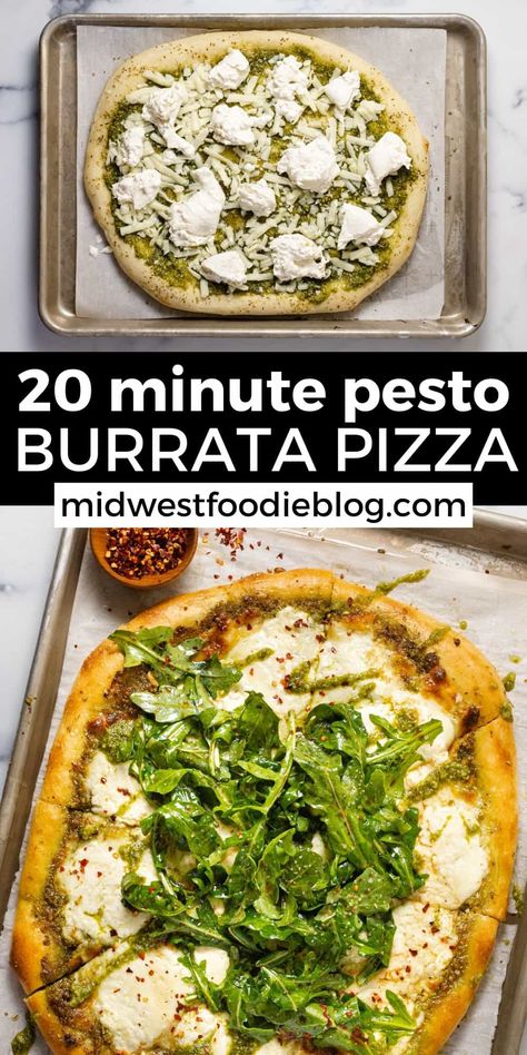 This easy pesto and burrata pizza will quickly become a family favorite, especially because it takes just 20 minutes to throw together! Switch up pizza night this week by rotating in this simple combination made with basil pesto and creamy burrata. Pizza Recipes Burrata, Burrata Recipe Pizza, Pesto Burrata Pizza, Buratta Pizza Recipes, Pizza With Burrata Cheese, Burrata Pizza Recipe, Pesto And Burrata, Pesto Burrata, Pesto Pizza Recipe