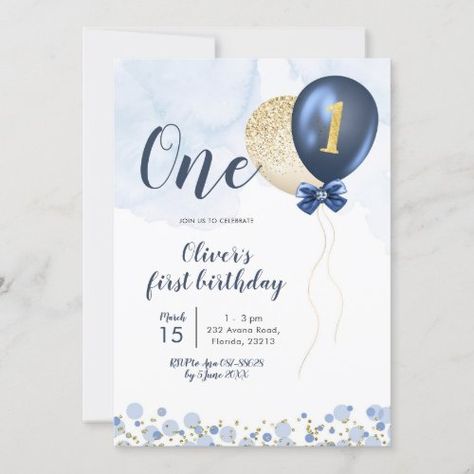 $2.95 | Navy Blue and Gold Balloon Boy First Birthday Inv #balloon first birthday, navy blue first birthday, gold balloon first birthday, boy first birthday invitation card, navy blue first birthday invitation, boy gold first birthday invitation, boy navy blue first birthday, boy balloon birthday invitation, navy blue balloon first birthday, navy blue gold boy birthday Baby Boy 1st Birthday Invitation Card, First Birthday Theme Boy, First Birthday Invitation Cards, 1st Birthday Invitations Boy, Simple First Birthday, Blue Birthday Cakes, 1st Birthday Invitation Template, Boys Birthday Party Decorations, First Birthday Balloons