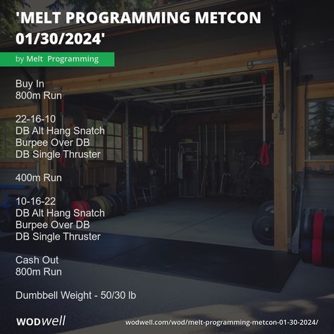 "Melt Programming MetCon 01/30/2024" Workout, | WODwell - Buy In; 800m Run; 22-16-10; DB Alt Hang Snatch; Burpee Over DB; DB Single Thruster; 400m Run; 10-16-22; DB Alt Hang Snatch; Burpee Over DB; DB Single Thruster; Cash Out; 800m Run; Dumbbell Weight - 50/30 lb Hyrox Training, Metcon Workout, 2024 Workout, Crossfit Workouts Wod, Crossfit Workouts At Home, Crossfit At Home, Crossfit Wods, Background Story, Crossfit Wod