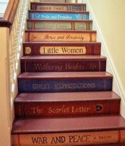 Book Staircase Design – Your Projects@OBN Stairs Painted Like Books, Black Painted Stairs, Book Staircase, Stairs Painted, Book Stairs, Outside Stairs, Stair Art, Painted Staircases, Painted Stairs