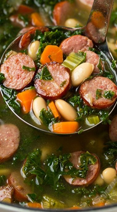 White Bean And Sausage Soup, White Bean Sausage Soup, White Bean And Sausage, Soup Sausage, Kale White Bean, Bean And Sausage Soup, Kielbasa Soup, Sausage Kale, Beans And Sausage