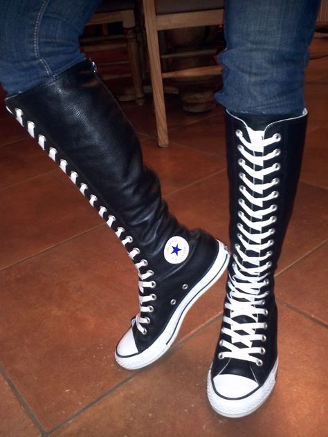 my school has a rule about high tops...these are BOOTS :P Punk High-top Boots, Emo High-top Boots For Fall, Emo High-top Boots For Streetwear, High-top Emo Boots For Streetwear, Converse Xxhi, Long Converse, Converse Shoes High Top, Knee High Converse Emo, Knee High Sneakers