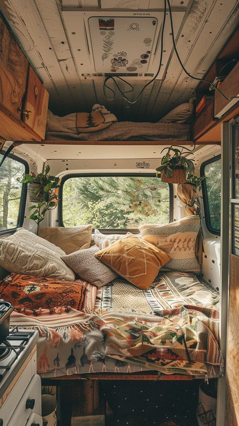 boho van aesthetic mood Van Life Aesthetic Mountains, Van Life Decor Ideas, Nature Boho Aesthetic, Green Van Interior, Boho Van Interior, Witchy Van Life, Bohemian Campervan, Hippie Van Aesthetic, Boho Van Life