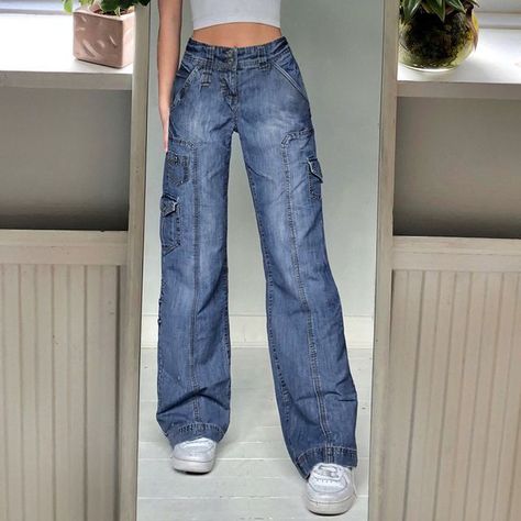 Honet - High-Waist Washed Cargo Wide-Leg Jeans Korean Jeans, 90s Baggy, Denim Cargo Pants, Baggy Cargo Pants, Jean Vintage, Moda Jeans, Jeans Cargo, Jeans Y2k, Y2k Jeans