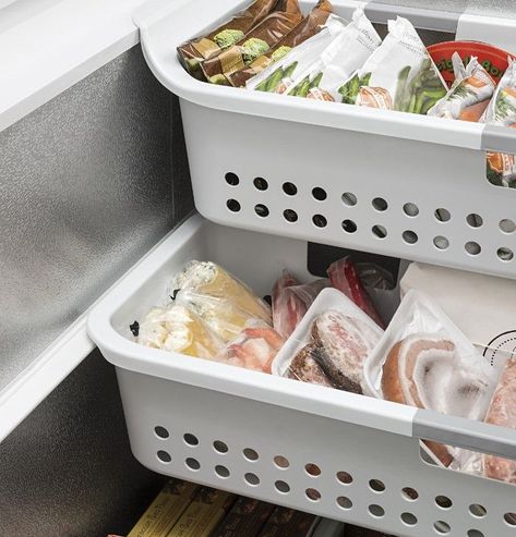 Buying My First Freezer, Crazy About This Rail-Basket Organizing System! Wall Oven Microwave, Slide In Range, Freezer Organization, Single Wall Oven, Portable Washer, Freezer Storage, Countertop Microwave, Front Loading Washing Machine, Ge Appliances