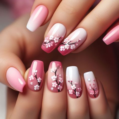 Pink Nails Ideas With Flowers, Cherry Blossom Nail Art Design, Nail Art Designs Cherry Blossoms, Sakura Flower Nail Art, Spring Nails Cherry Blossom, Nail Cherry Blossom, Cherry Blossoms Nail Art, Blue Cherry Blossom Nails, Cherry Blossom Nails Short